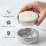 arista-shampoo-bar-holder-features-in-use arista shampoo bar holder aluminium box with USPs and solid shampoo bar