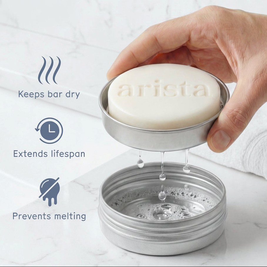 arista-shampoo-bar-holder-features-in-use arista shampoo bar holder aluminium box with USPs and solid shampoo bar